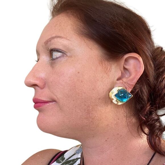 1980s Vintage Blue Glass Bubble Fish Kitschy Earrings Oceanic Mermaidcore Seasca - Picture 1 of 5